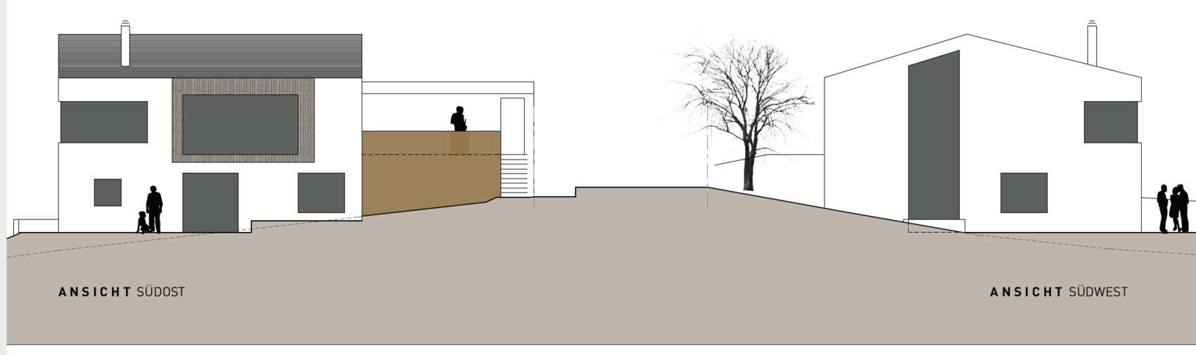 Architektur-Ansichten: zwei Häuserfronten, Gelände, Baum, Menschen-Silhouetten