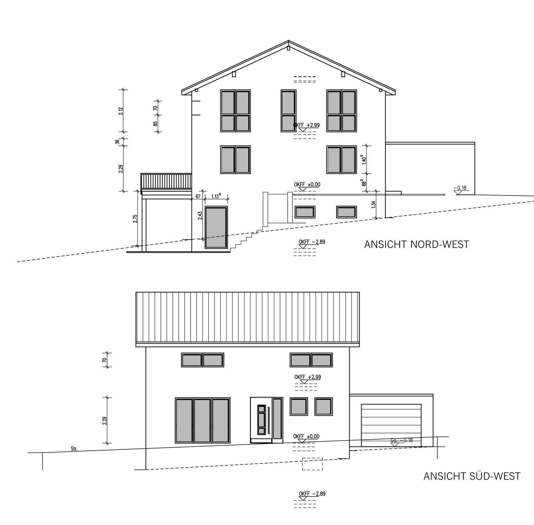Architekturzeichnung: zweigeschossiges Wohnhaus mit Satteldach, NW- und SW-Ansicht