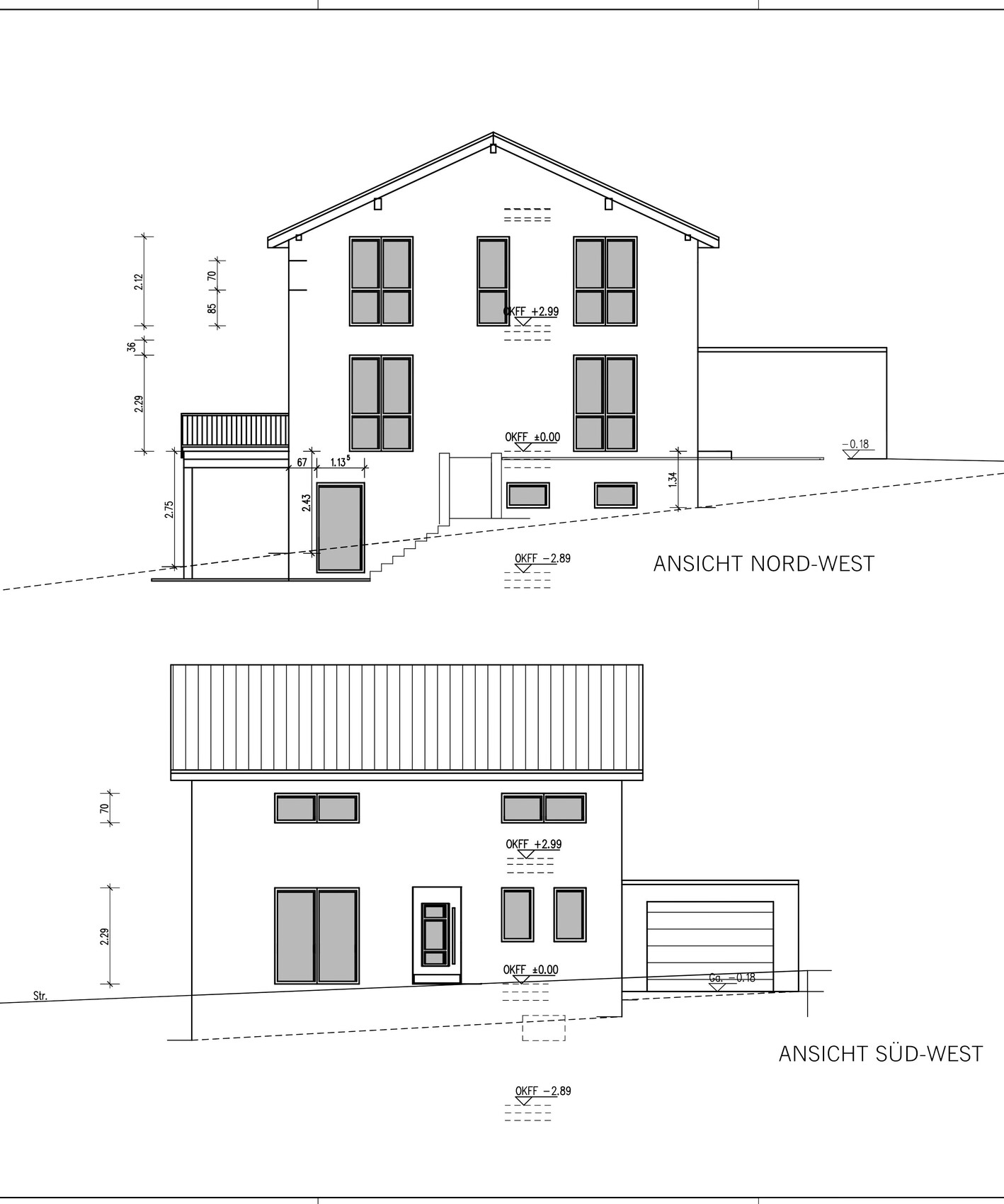 Zweigeschossiges Haus, Nordwest- und Südwestansicht mit Dach, Fenstern und Garage.