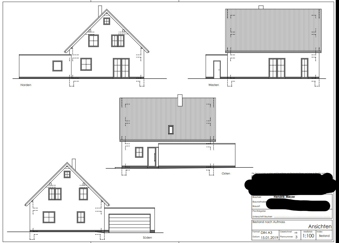 Architekturzeichnung eines Einfamilienhauses mit Dach, Ansichten Norden, Westen, Osten und Süden.