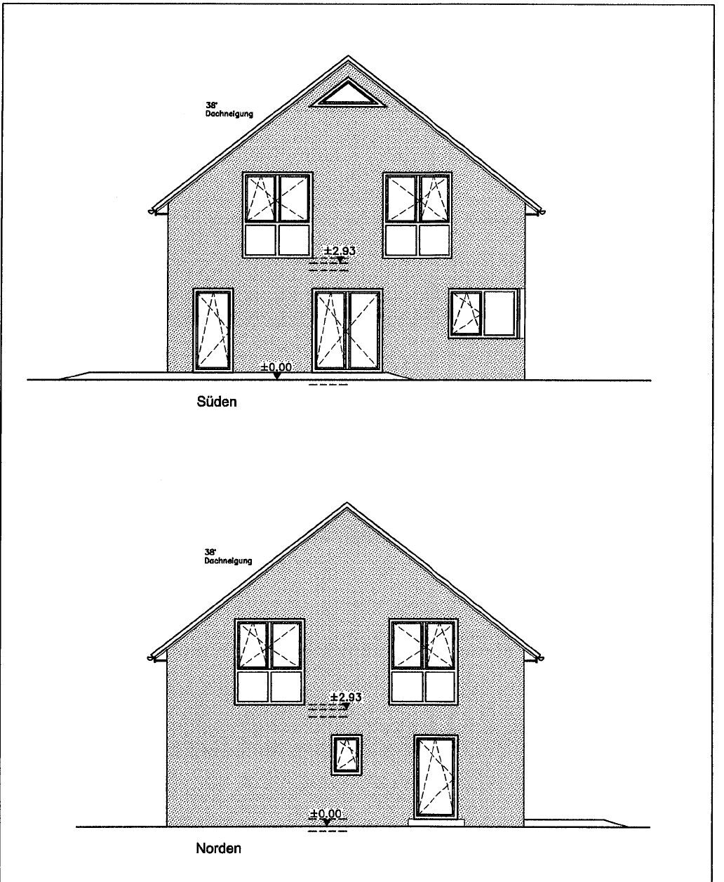 Zweistöckiges Haus mit Satteldach (38°); Ansichten Süden und Norden mit Fenstern und Türen.