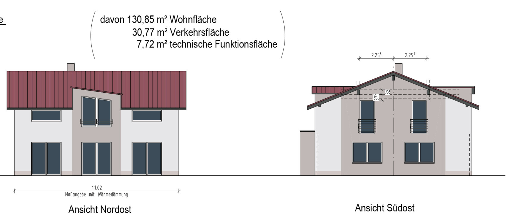 Nordost- und Südostansicht eines Hauses mit rotem Satteldach, Balkonen und großen Fenstern.
