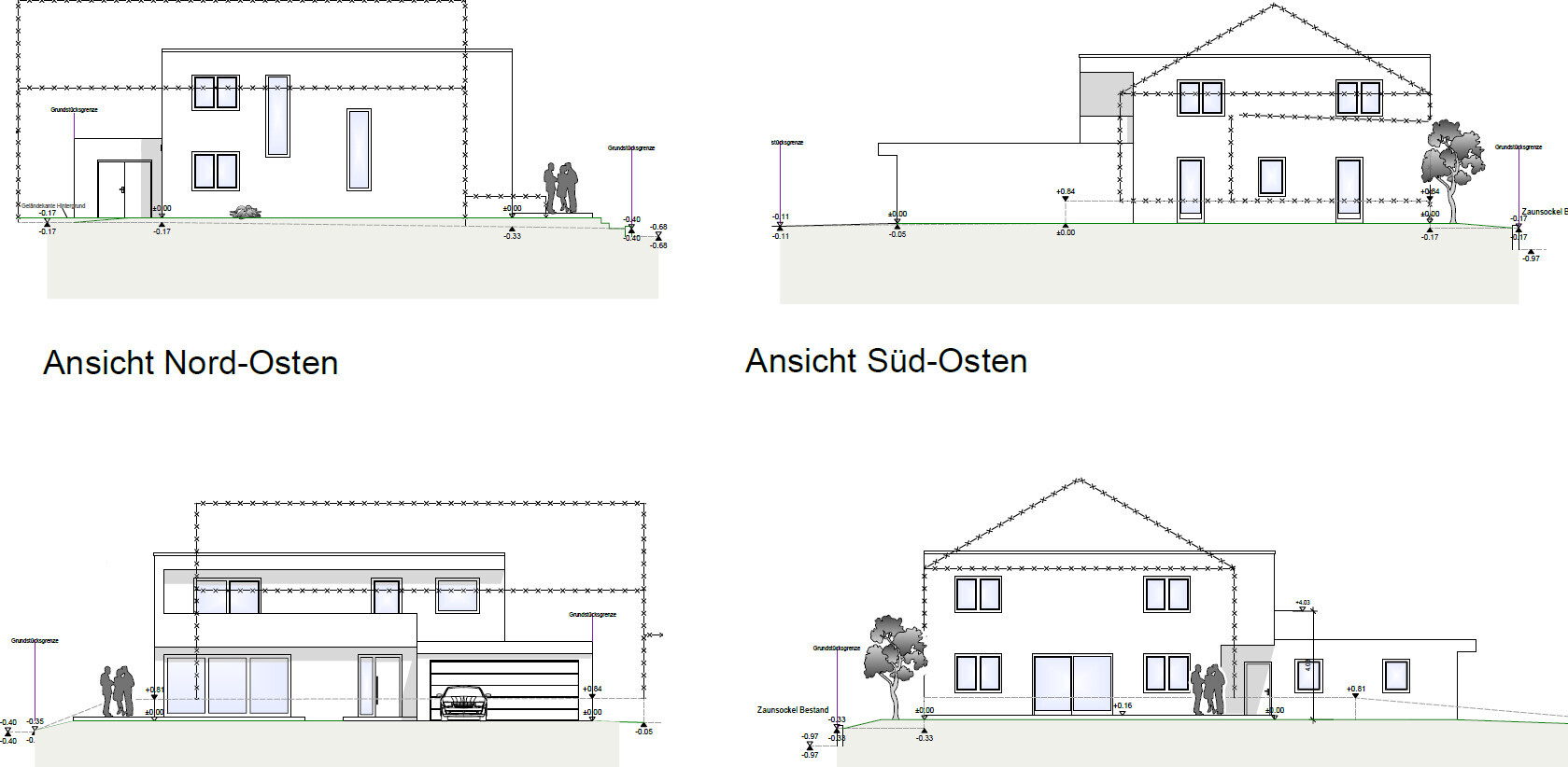 Vier Wohnhaus-Elevationen mit Geländeprofil und Bäumen (Nord-Ost und Süd-Ost Ansichten).
