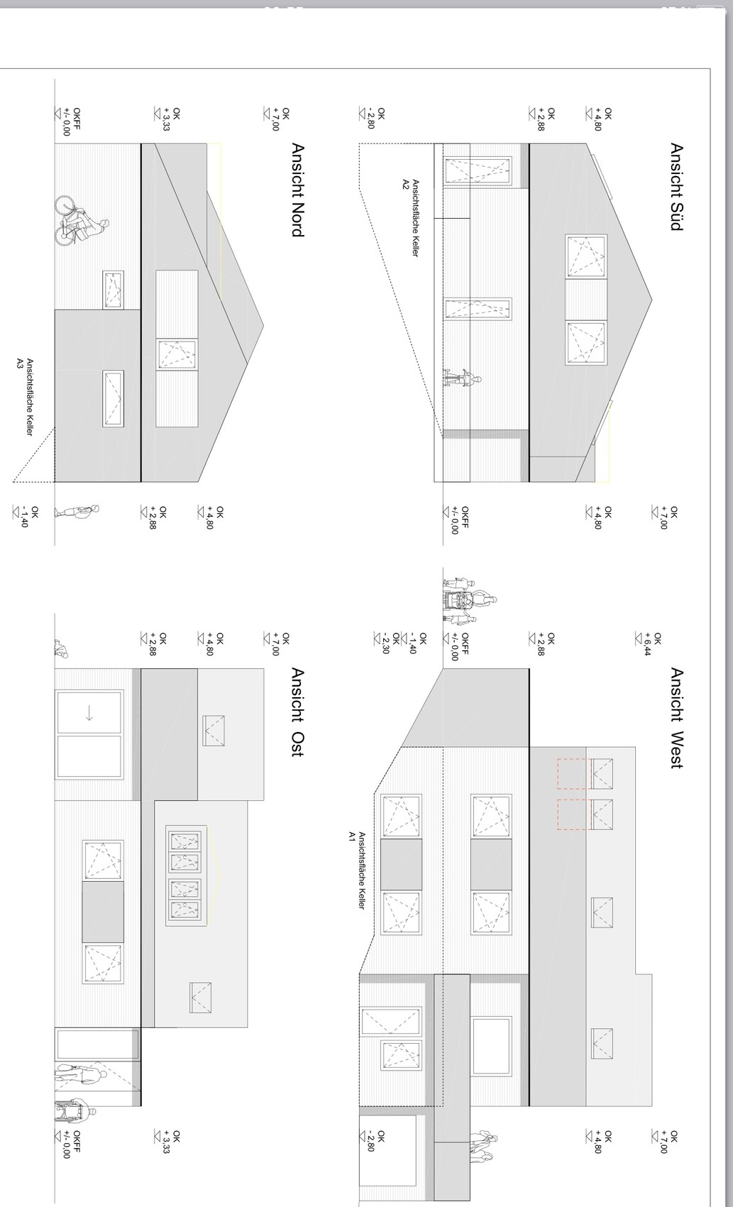 Ansichten eines Einfamilienhauses: Nord-, Ost-, West- und Südfassaden.