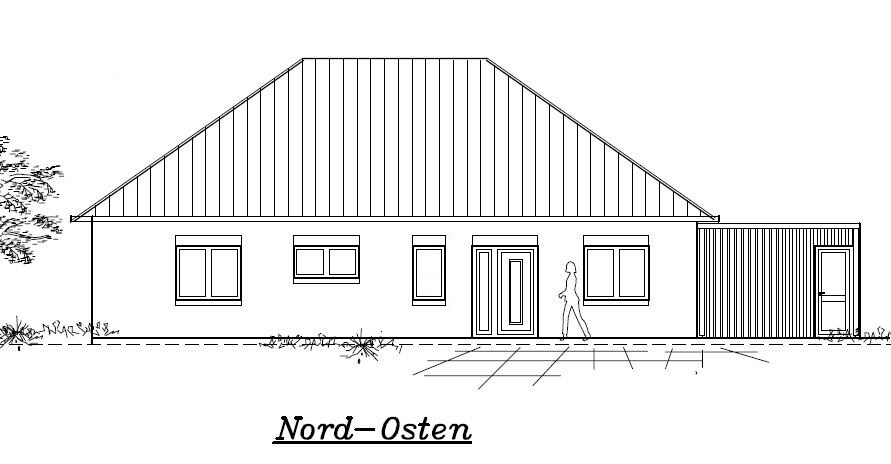 Linienzeichnung eines eingeschossigen Hauses mit Satteldach, Nordostansicht