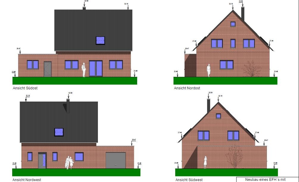 Vier Ansichten eines roten Ziegelhauses mit Dach, Fenstern und Grasuntergrund