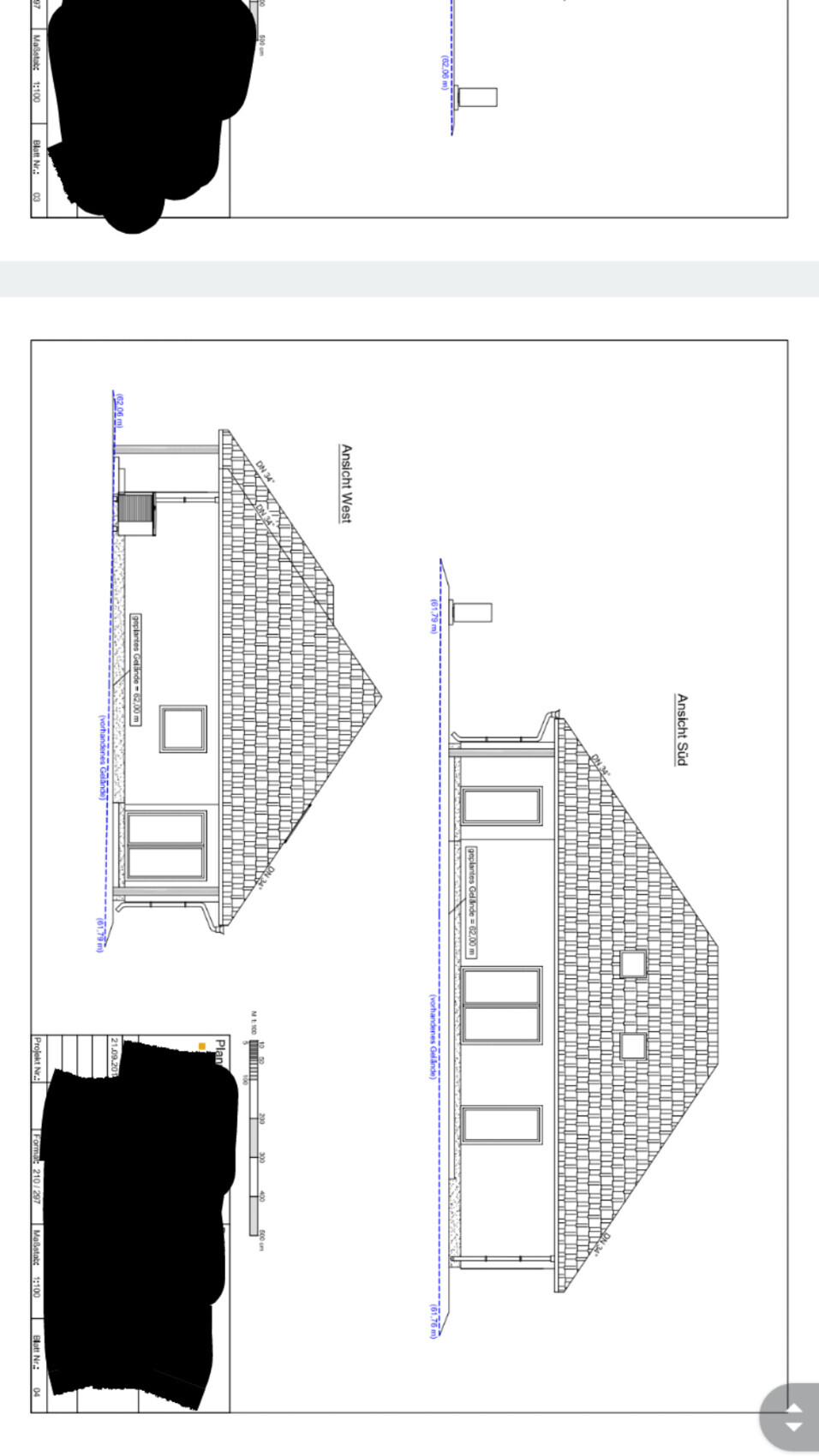 Architektur-Ansichten eines Einfamilienhauses, West- und Suedseite mit Dach und Fenstern.