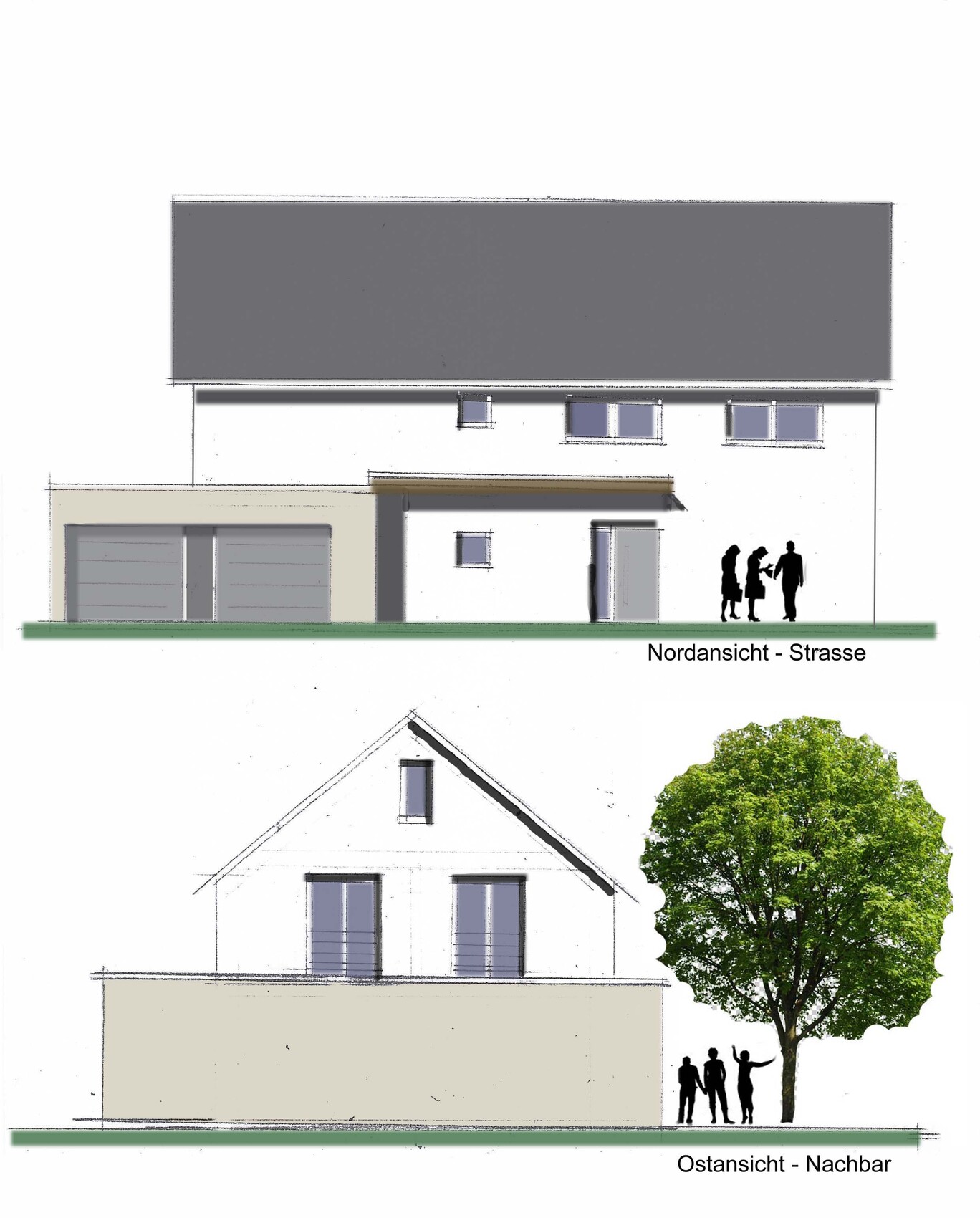 Moderne Einfamilienhaus-Ansichten: Nord- und Ostansicht mit Baum und Passanten
