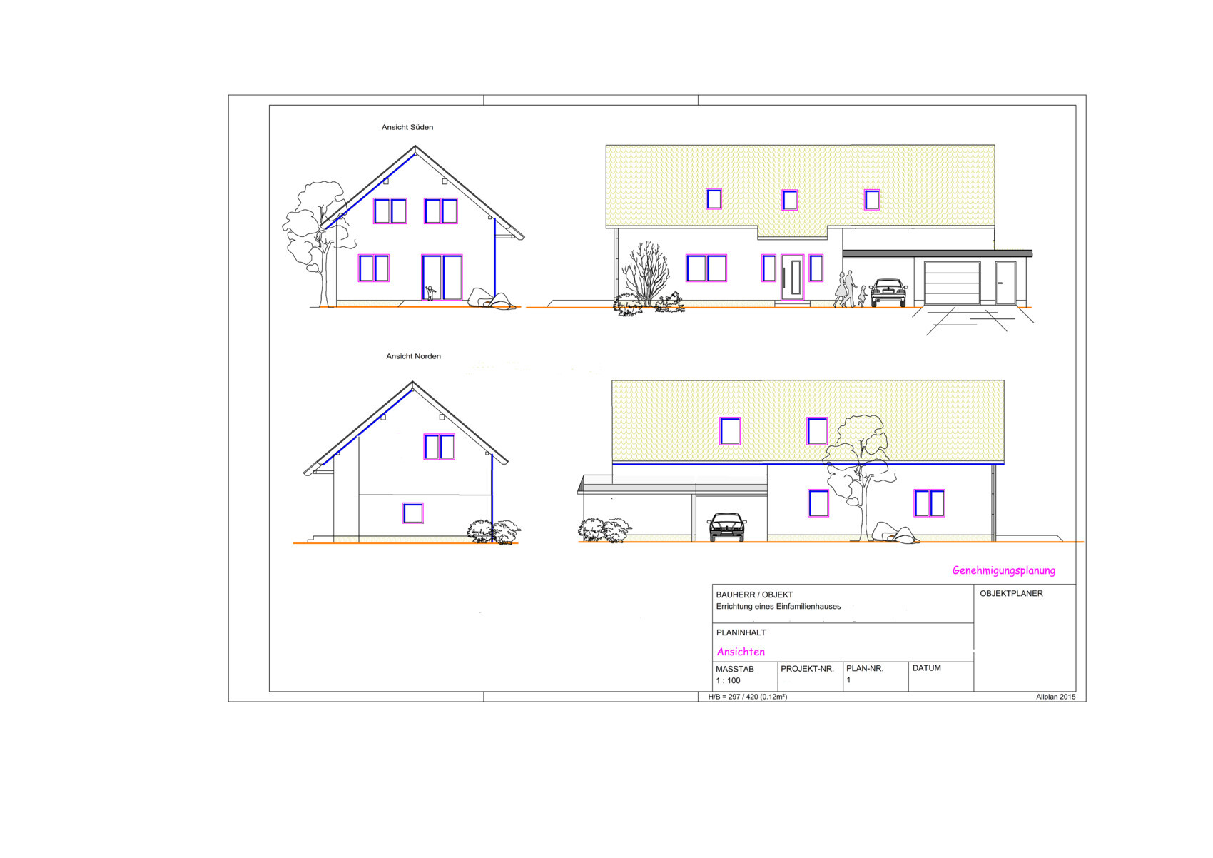 Architekturplan eines Einfamilienhauses mit Nord- und Südansichten