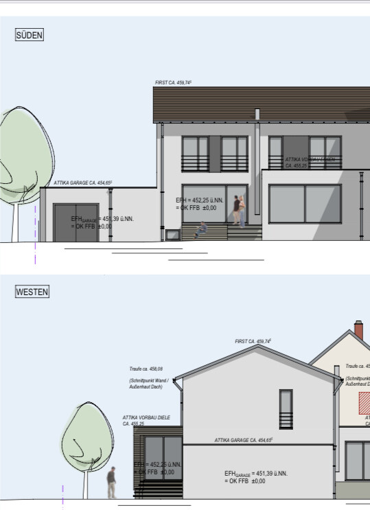 Moderne zweistöckige Hausfassade mit Garage, Baum links; Süden und Westen Ansichten.