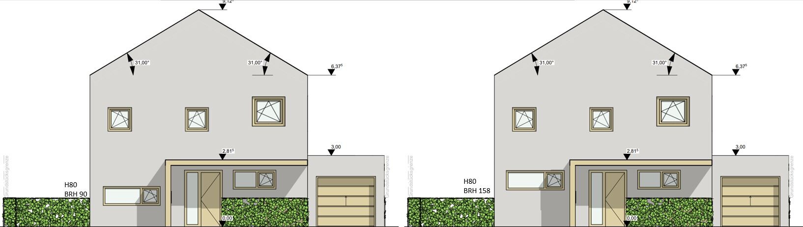 Zwei ähnliche Gebäudefassaden mit Satteldächer, Garage, Fenstern, Hecke, Maßangaben.