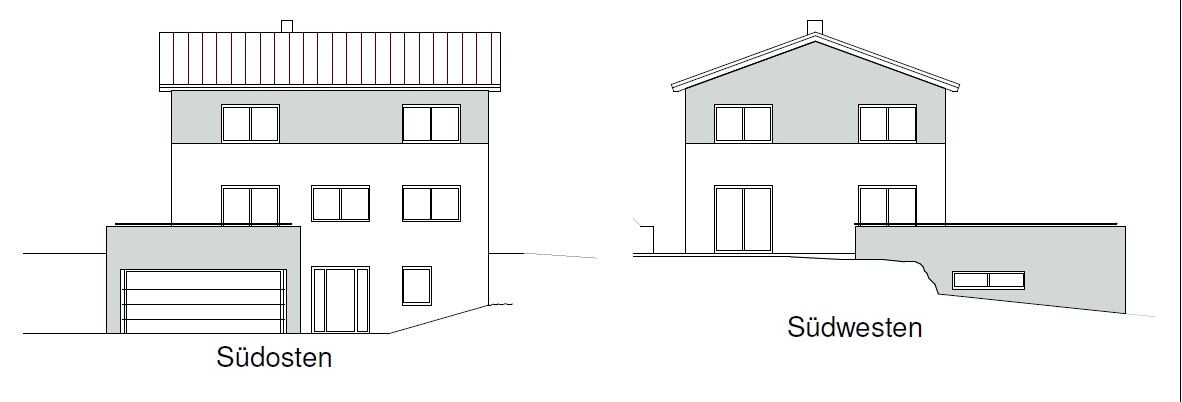 Architektenzeichnung: Hausfassaden Sudosten und Sudwesten eines Einfamilienhauses