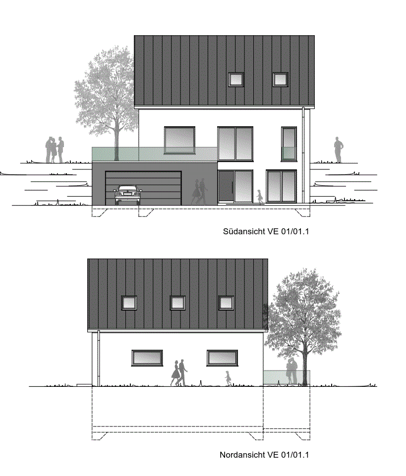 Südansicht: Haus mit Garage, Terrasse und Baum; Nordansicht mit Fenstern und Personen.