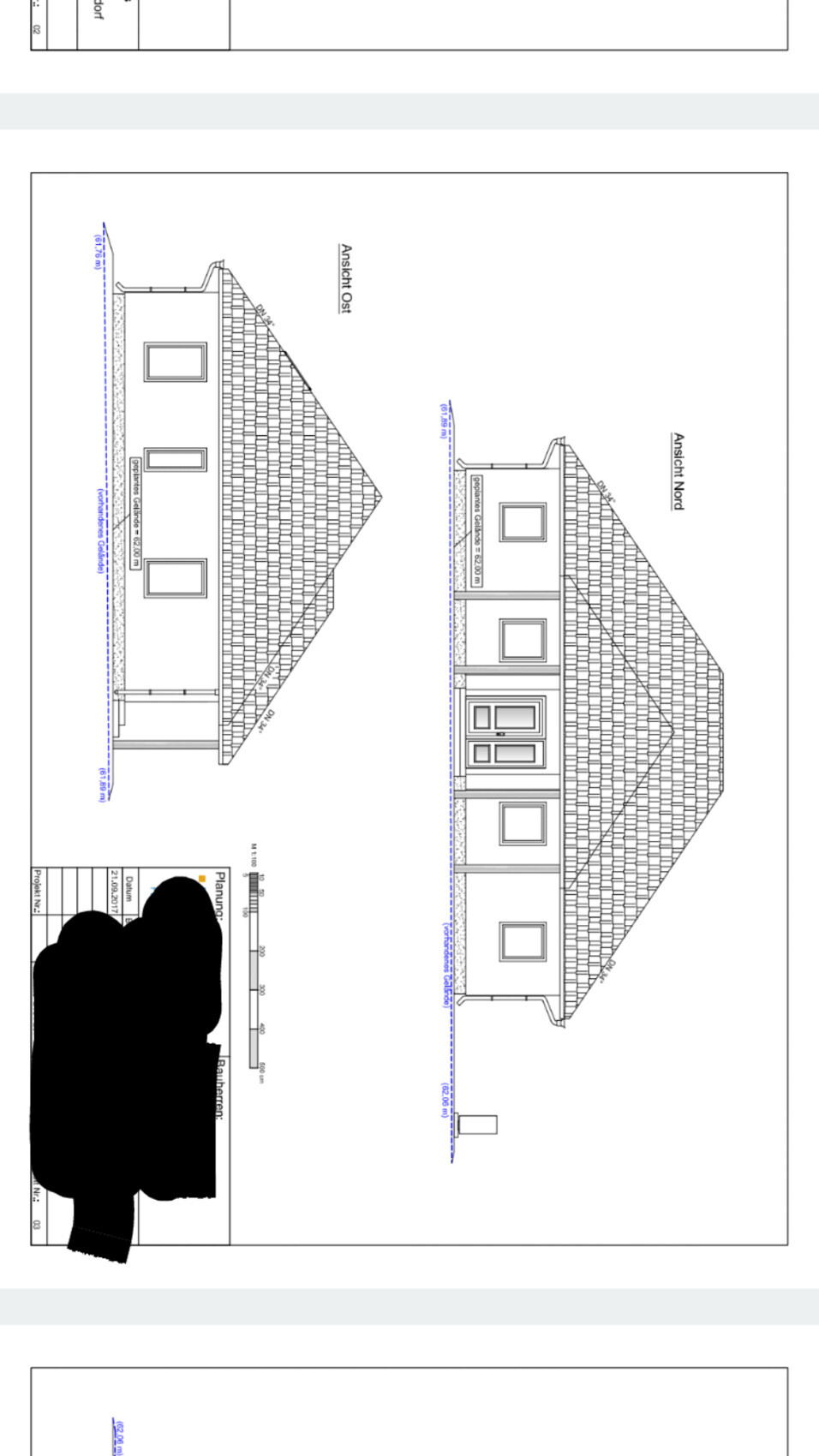Architekturzeichnung einer Hausfassade mit Ost- und Nordansicht, Dach und Fenstern