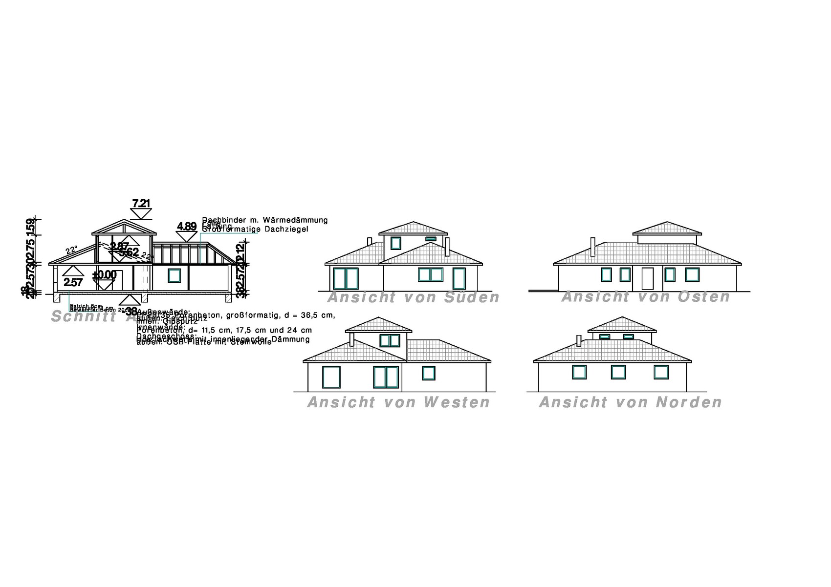 Architekturzeichnungen eines Hauses mit Ansichten von Süden, Osten, Westen und Schnitten