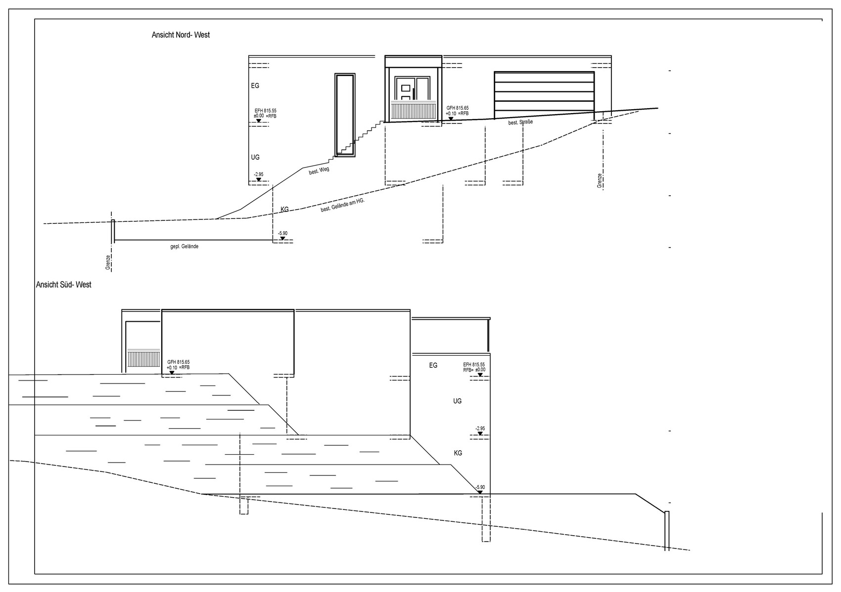 Architektenzeichnung mit Hausansichten Nord-West und Süd-West sowie Geländeverlauf.