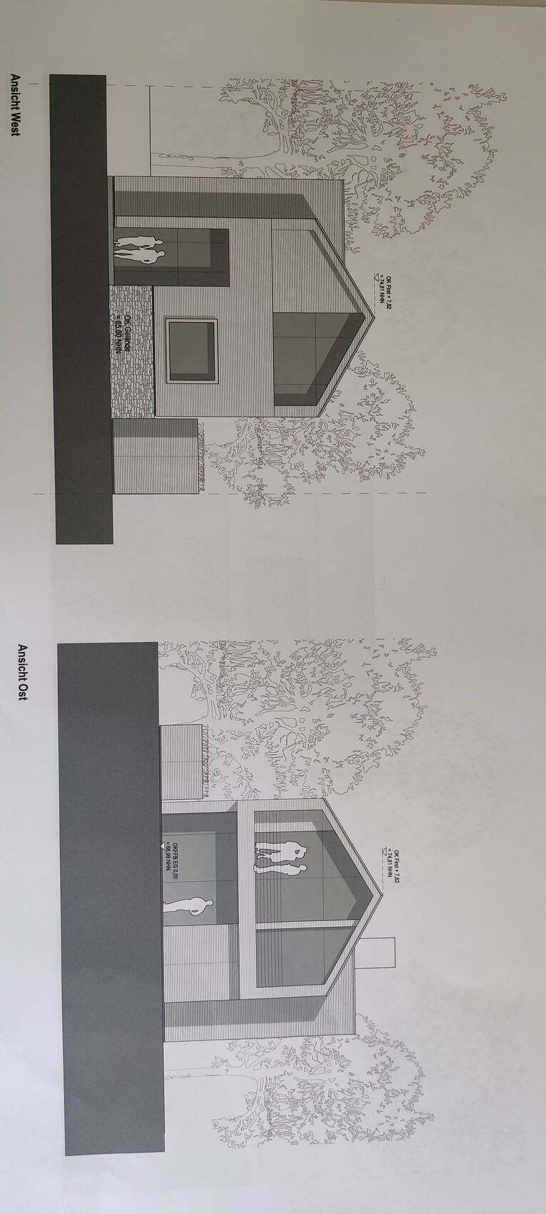 Zwei Ansichten eines modernen Hauses: West- und Ostansicht mit Holzverkleidung und Bäumen.