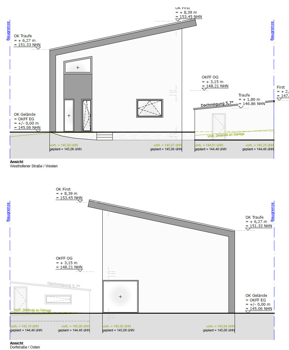 Haus mit geneigtem Dach; Front- und Seitenansicht mit Höhenangaben und Gelände.