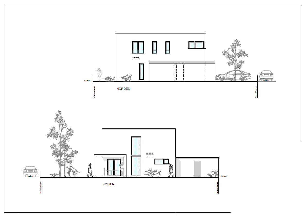 Moderne Wohnhaus-Fassaden Nord- und Ostansicht mit Garage, Autos und Bäumen.