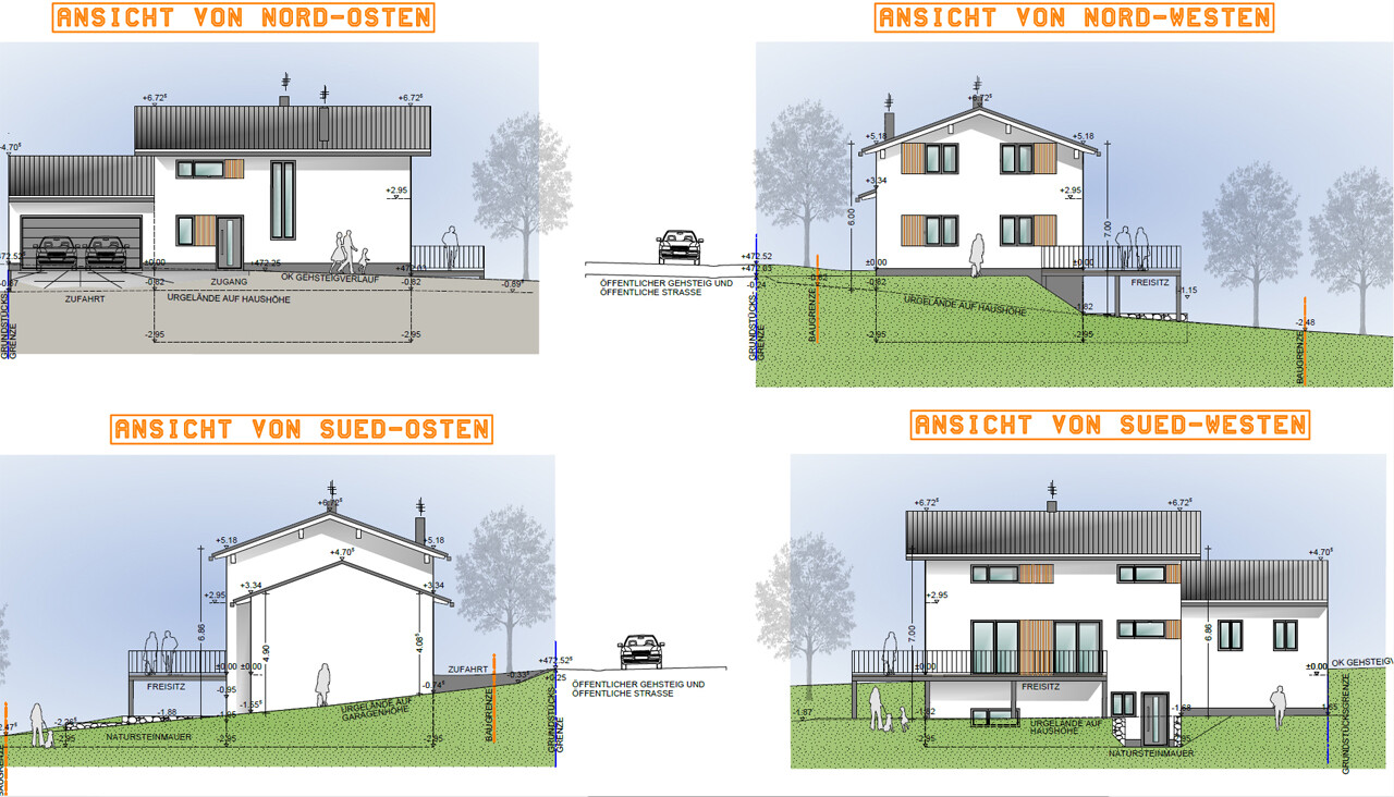 Vier Ansichten eines modernen Einfamilienhauses mit Garten, Auto und Bäumen im Umfeld.