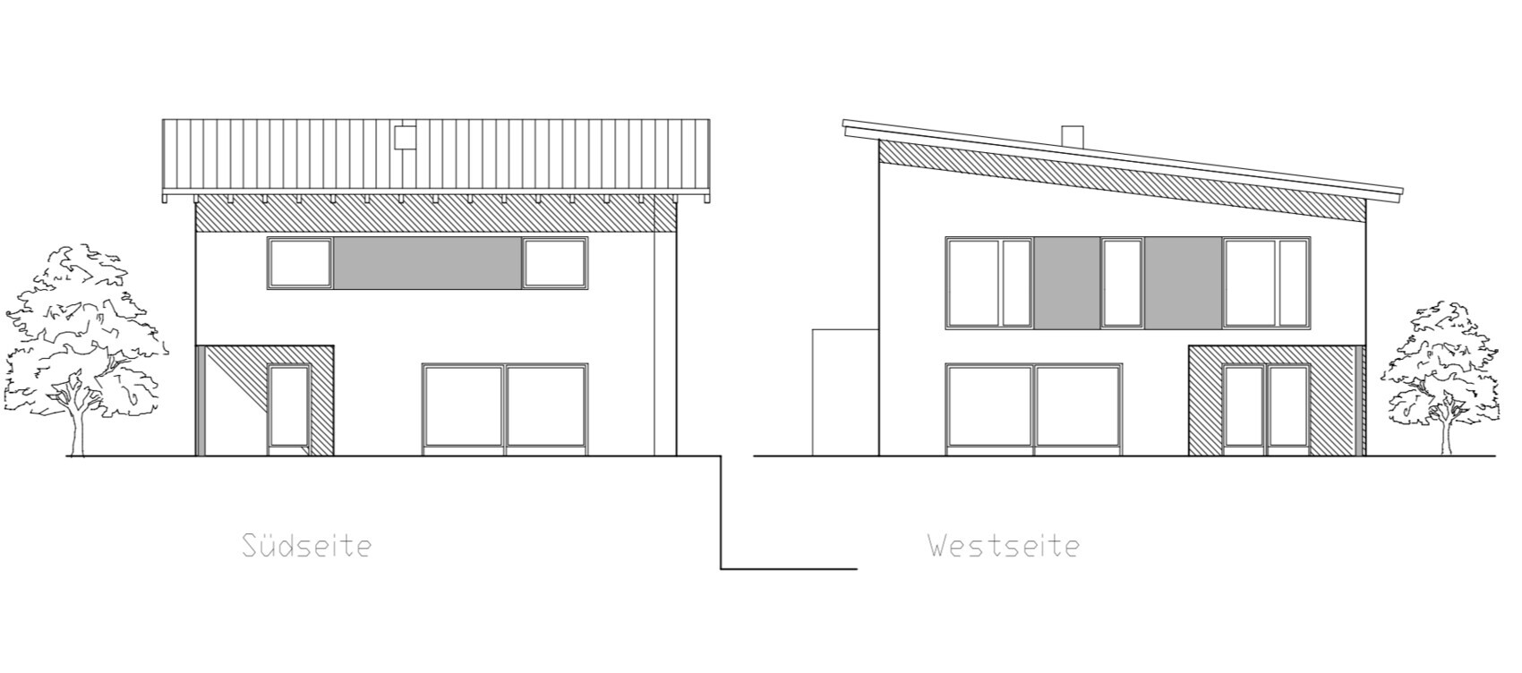 Moderne Doppelhaushälfte: Frontansichten Süd- und Westseite mit großen Fenstern und Bäumen.