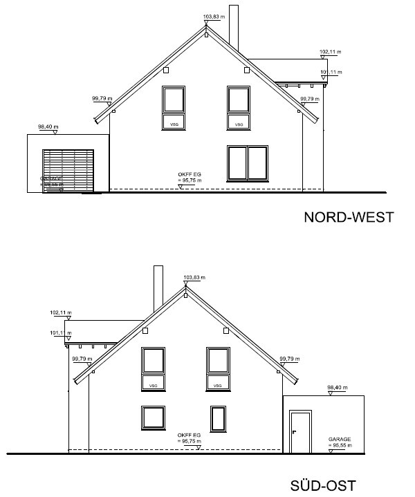 Nord-West- und Süd-Ost-Elevation eines Satteldachhauses mit Garage, Fenstern und Kamin.
