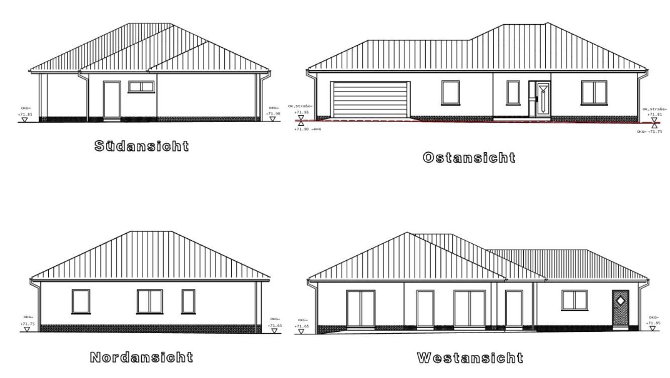 Vier Ansichten eines Einfamilienhauses mit Satteldach und Garage: Süd, Ost, Nord, West.