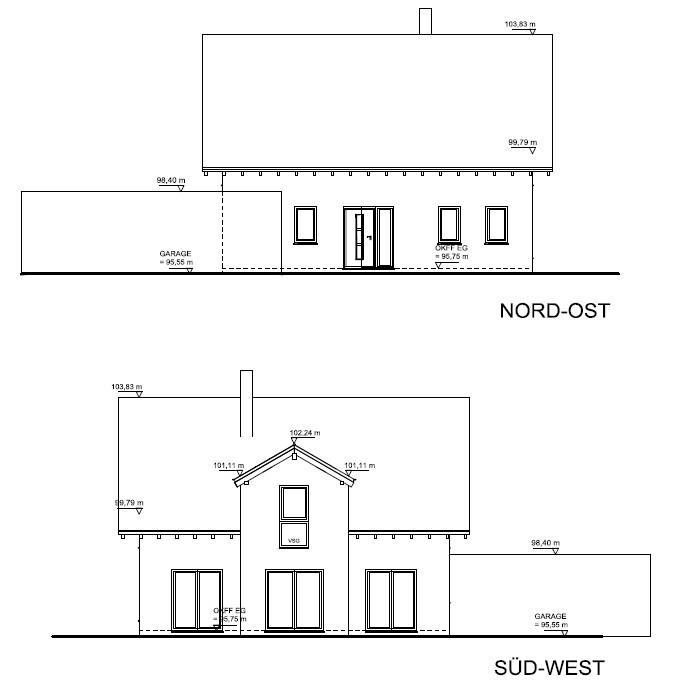 Zweistöckiges Haus mit Garage; Nord-Ost und Süd-West Ansichten, Eingangstür und Fenster.