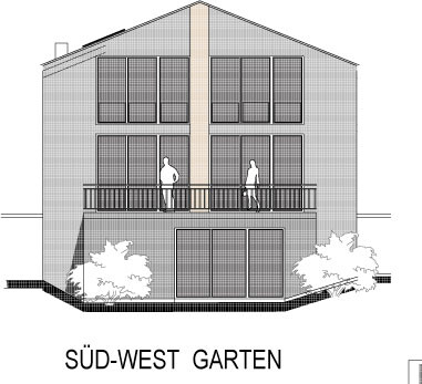 Zweigeschossige Hausfront mit großen Fenstern, Balkon und Garten im SUD-WEST Bereich