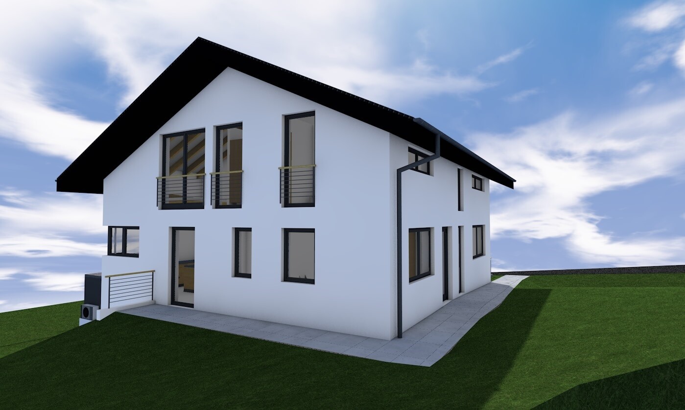 Modernes weißes zweistöckiges Haus mit Satteldach, großen Fenstern, Balkonen, Terrasse und Rasen.