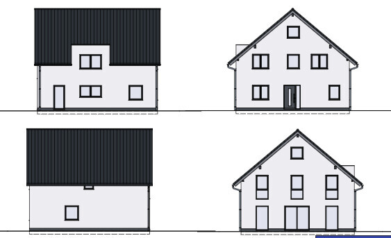 Vier Ansichten eines zweigeschossigen Hauses mit Satteldach, Fenstern und Türen.