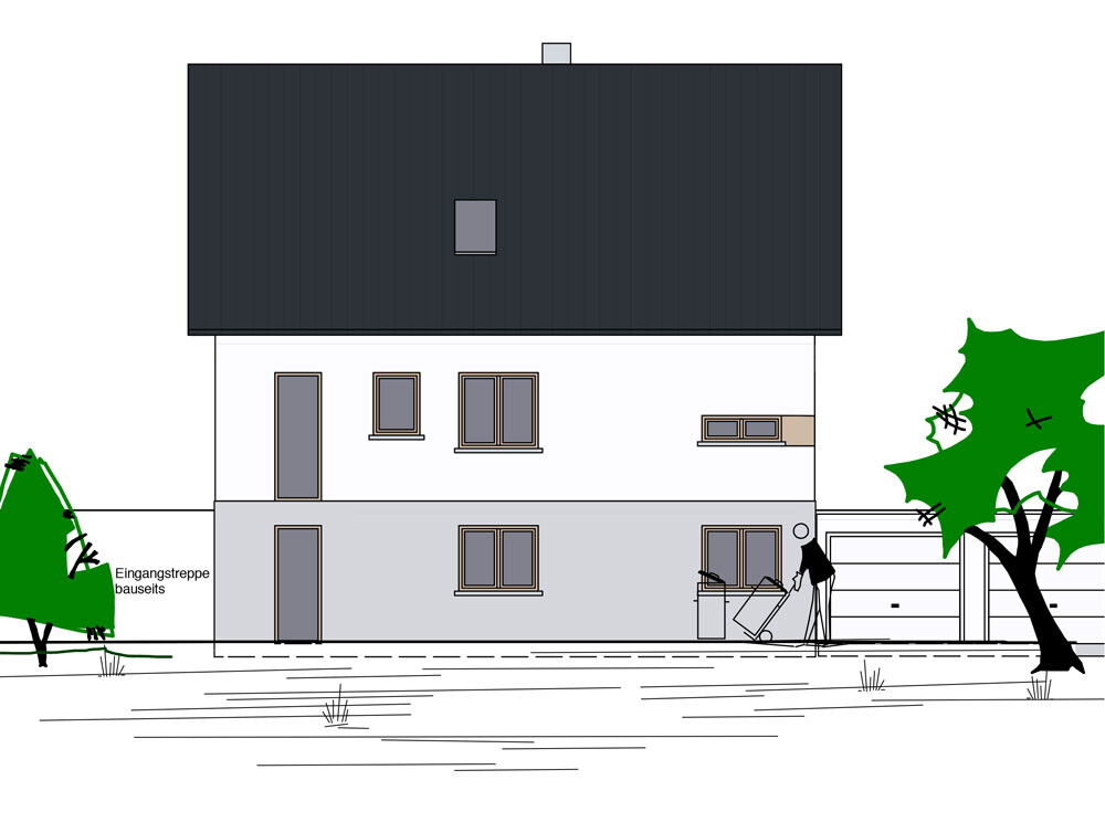 Zweistöckiges Haus mit dunklem Dach, Fensterfronten, Garten; Person mit Wagen am Eingang.