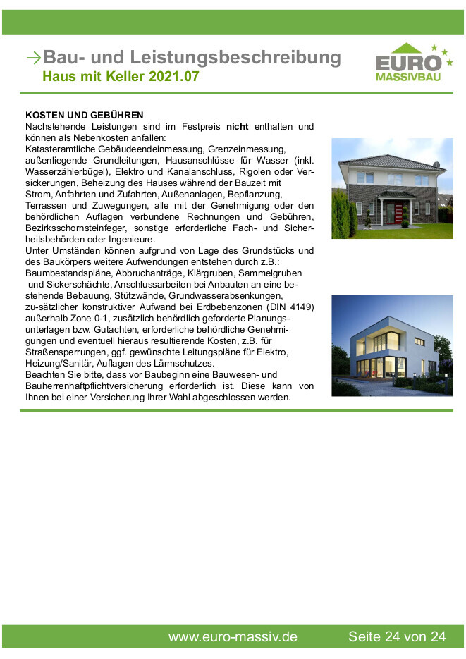 Infoblatt Bau- und Leistungsbeschreibung: Haus mit Keller, zwei Beispielhäuser rechts.
