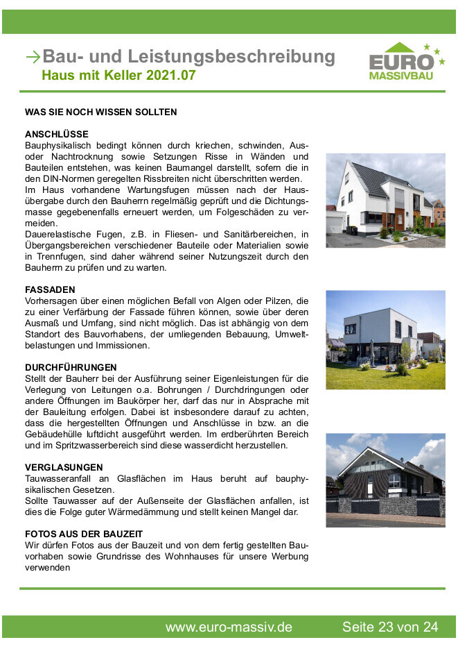 Dokument zur Bau- und Leistungsbeschreibung eines Hauses mit Keller; rechts drei Beispielhäuser.
