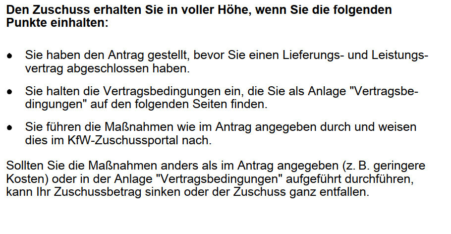 Hinweistext: Drei Bedingungen für Zuschuss, Vertragsunterlagen und Maßnahmen.