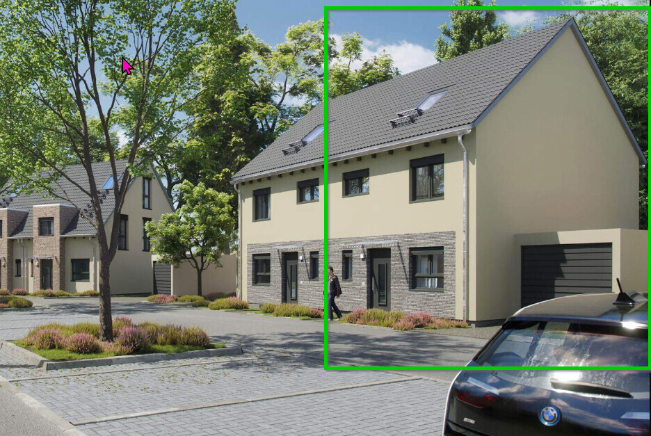 Moderne Häuserzeile mit grauem Dach, Garage, Baum, Fußgänger und Auto.