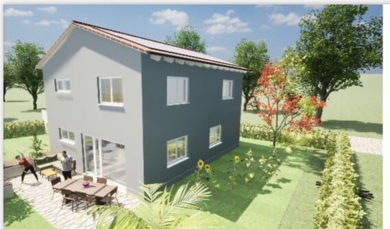 Modernes zweistöckiges Haus mit Garten; zwei Personen sitzen am Esstisch auf der Terrasse.