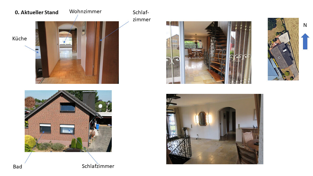 Mehrere Ansichten eines Hauses: Innenräume Küche, Wohnzimmer, Schlafzimmer, Bad sowie Außenansicht.