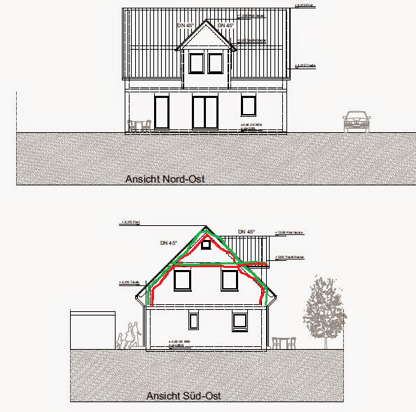 Architekturzeichnung: Hausansichten Nord-Ost und Süd-Ost mit Dachneigung 45°.