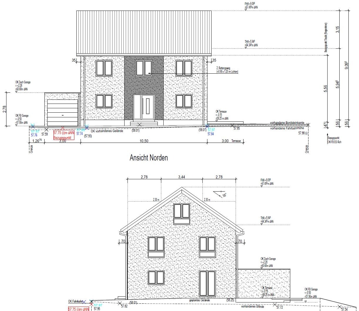 Nordansicht eines Einfamilienhauses als Architekturzeichnung mit Fenstern