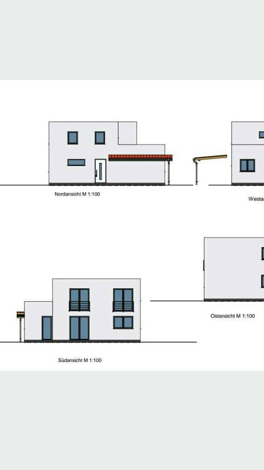 Moderne Wohnhaus-Ansichten: Nord-, Ost- und Südansicht, Maßstab 1:100.