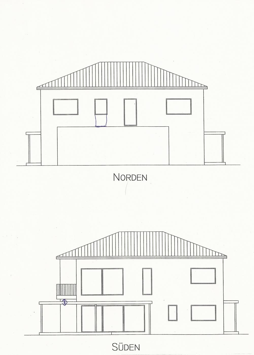 Zwei Außenansichten eines modernen Hauses von Norden und Süden mit Dach und Fensterfronten