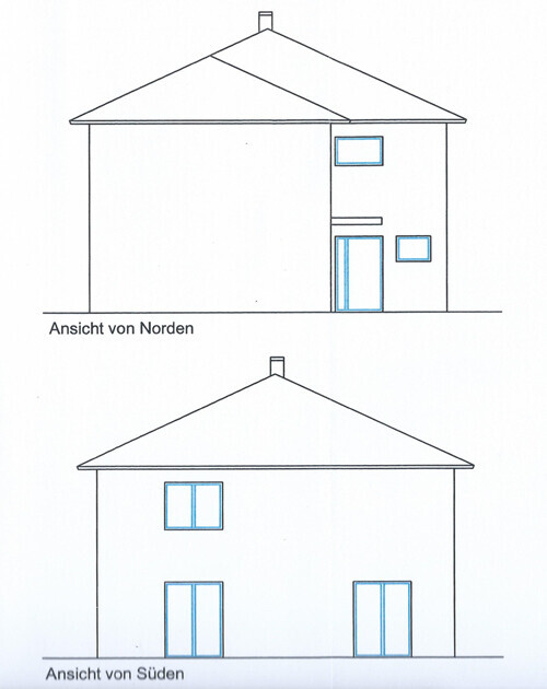 Skizze von zwei Hausansichten: Norden und Süden mit Fenstern und Türen