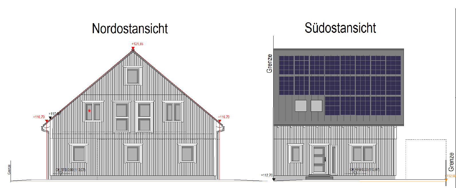 Zwei Hausansichten eines Architekturexpos mit Dachsolaranlage und Fenstern.
