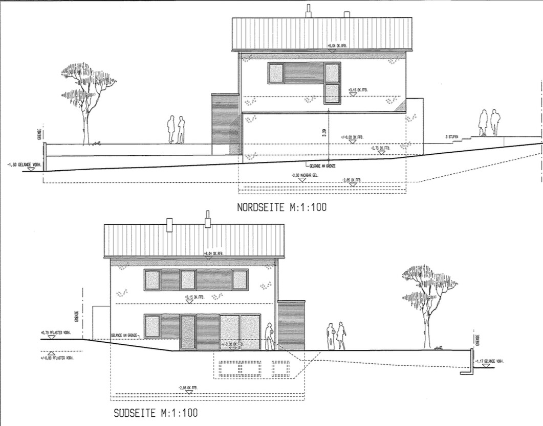Architekturzeichnung: Nord- und Südansicht eines Hauses mit Dach und Fenstern