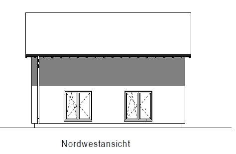 Nordwestansicht eines Hauses mit zwei Fenstern und flachem Dach