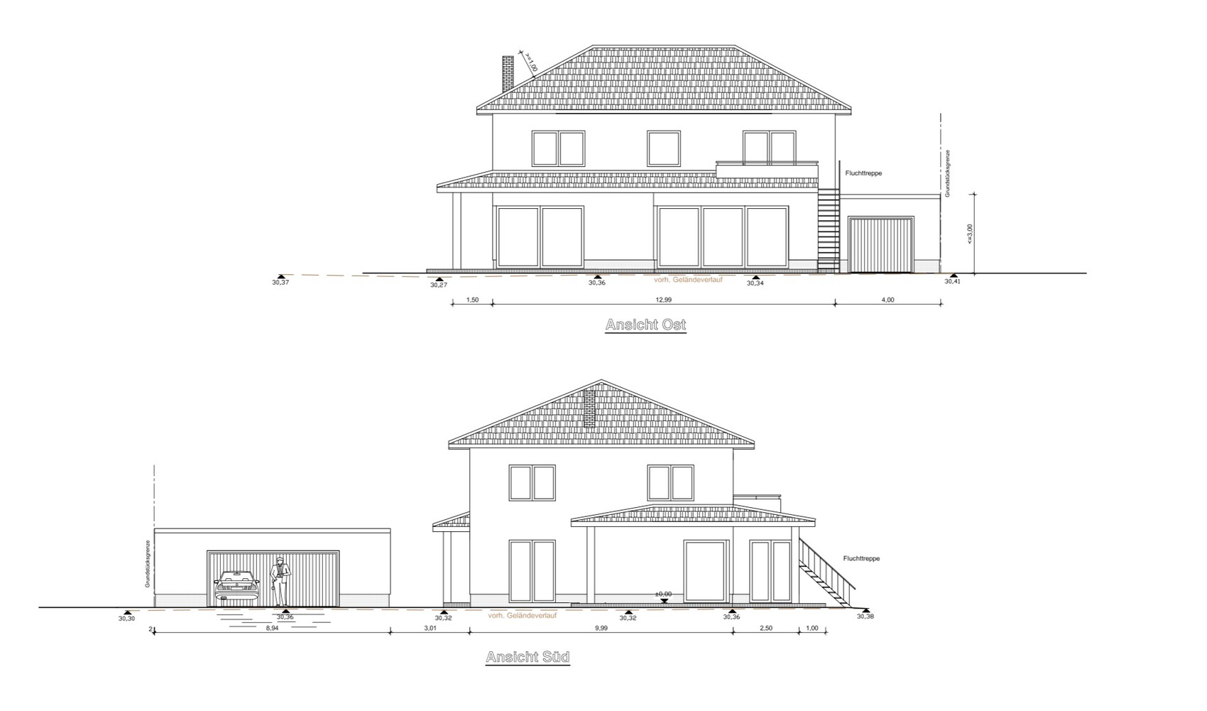 Zweigeschossiges Haus mit Garage, Terrasse und Fluchttreppe; Ost- und Südansicht.