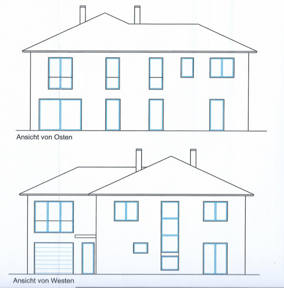 Architekturzeichnung: Ost- und Westansichten eines Hauses mit Fenstern und Türen.