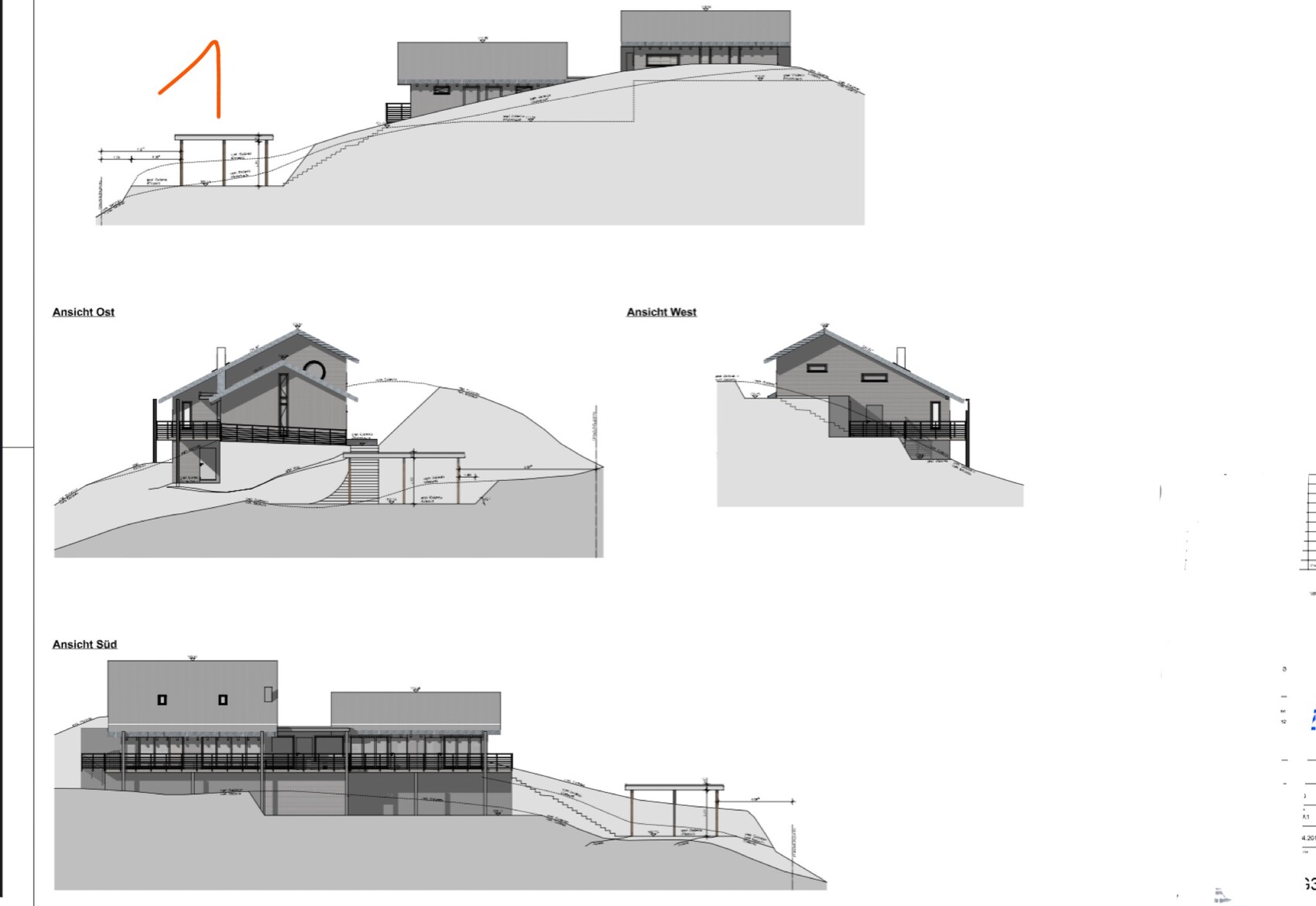 Hanghaus am Hang: Ost-, West- und Südansichten mit Terrassen und Gelände.