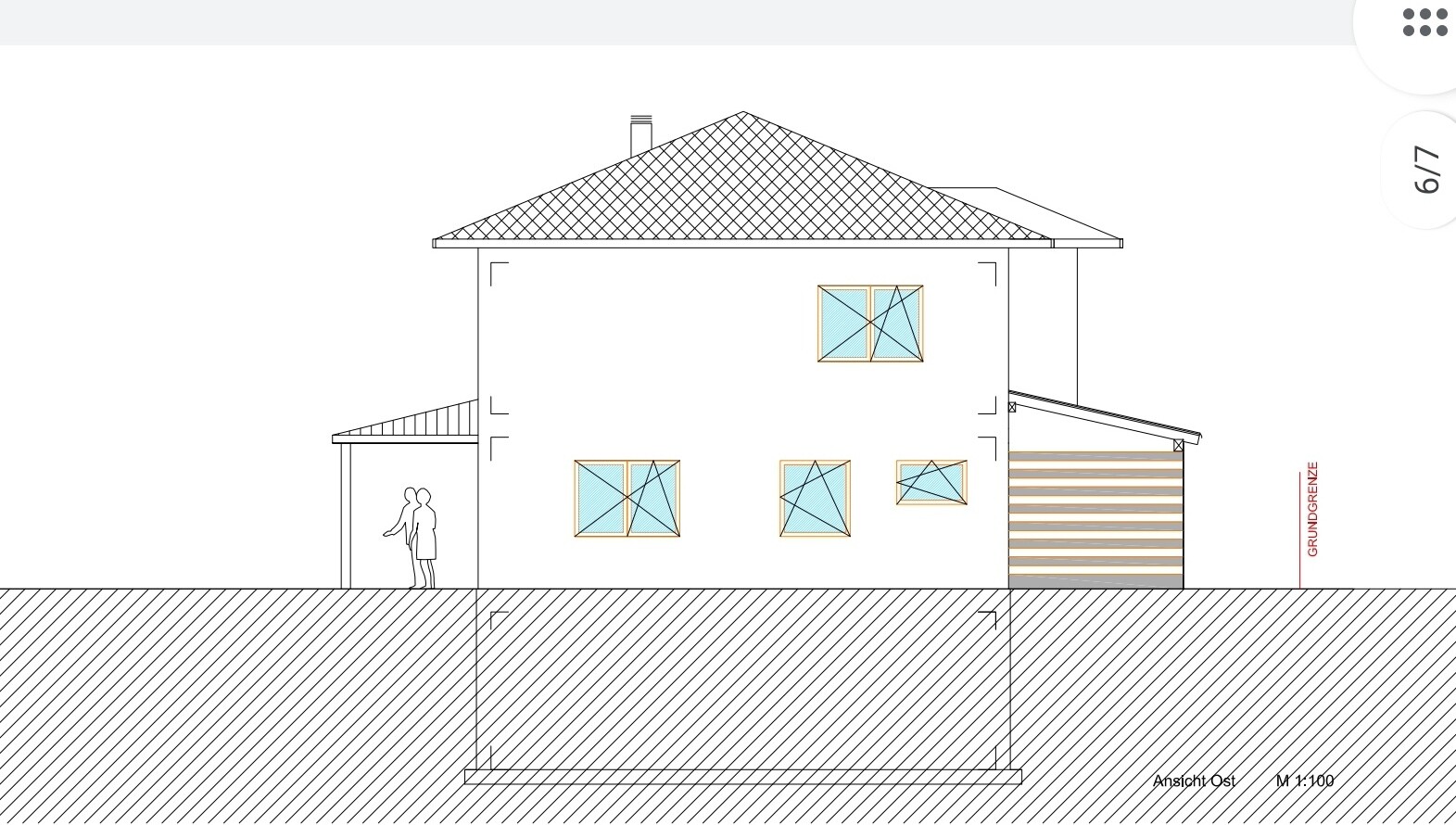 Architektonische Ostansicht eines zweigeschossigen Hauses mit Dach und Fenstern